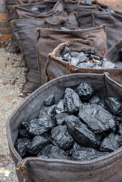 Old Fashioned Sacks Of Coal At A Living History Museum