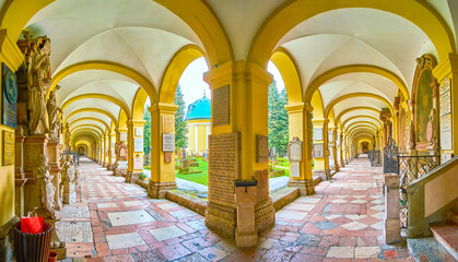 Panorama of St Sebastian Cemeteries arcades, Salzburg, Austria