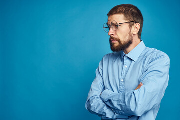 business man with glasses emotions blue background