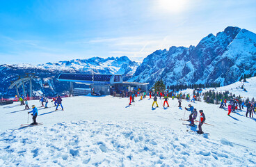 Winter sports in Alps, Zwieselalm mountain, Gosau, Austria