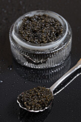 Black caviar in a bowl, on a black surface with a caviar spoon