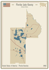 Map on an old playing card of Lake county in Florida, USA.