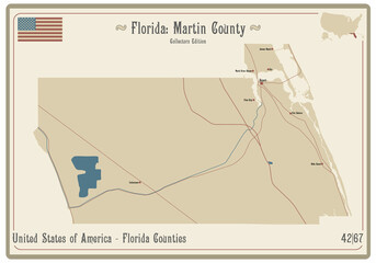 Map on an old playing card of Martin county in Florida, USA.