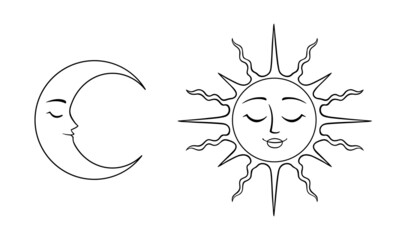 Set of mystical elements of the Crescent Moon and the Sun with faces. Stylized vector art with symbols of astrology, magic, or zodiac concept. Line illustrations for logo, social media, web, print. 