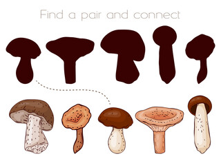 Fun childrens game. Find a couple and connect them. Mushrooms and silhouettes. Vector illustration.