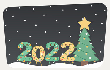Merry Christmas and Happy New Year 2022 with Christmas tree and falling snow. Vector illustration Eps10.
