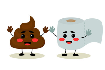 Kawaii poop and kawaii toilet paper. Vector illustration.