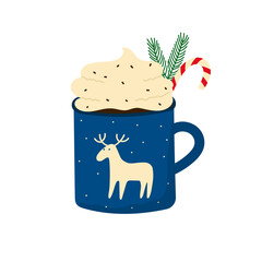 Hot chocolate cup with whipped cream and candy cane. Blue mug with white deer. Christmas winter design element. Doodle style.