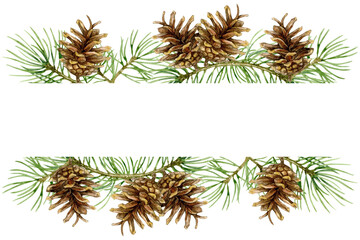 Naklejka premium Christmas banner of spruce branches and cones. Watercolor illustration isolated on white background.