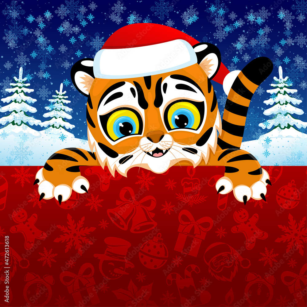 Canvas Prints Christmas illustration with tiger symbol of new year on winter background.