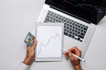 Price progress. Investment business technology app on digital screen. Finance application for sell,...