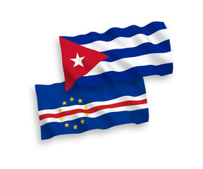 National vector fabric wave flags of Republic of Cabo Verde and Cuba isolated on white background. 1 to 2 proportion.