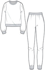 Unisex knit jogger Pant with long sleeve crew neck sweater T-shirt, knit pyjama suit, Sweatpants.  Fashion Vector Illustration, CAD Mockup, Technical Drawing, Flat Sketch Template.