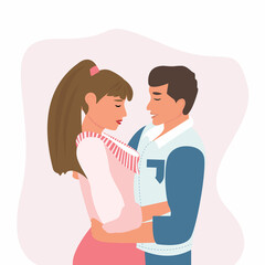 Happy adorable couple in love. Portrait of young man and woman looking at each other. Pair of romantic partners on date. Boyfriend and girlfriend. Flat vector illustration for Valentine's Day