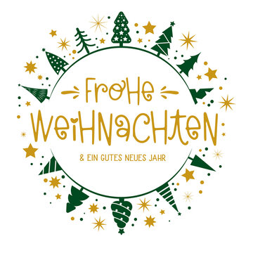 Frohe Weihnachten und ein gutes neues Jahr Kalligraphie - runde Form. Grußkarte mit verschiedenen Weihnachtsbäumen - gold und grün