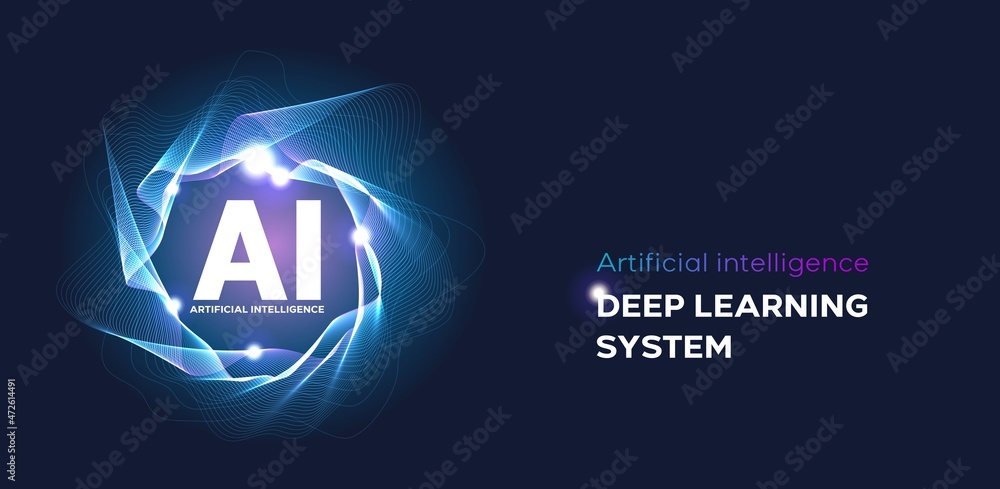 Poster artificial intelligence landing page. website template for ai machine deep learning technology sci-f