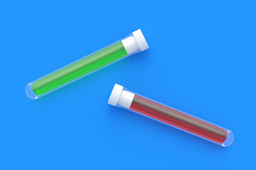 Test tubes with cap and liquid. Scientific experiments. Development of vaccines, drugs. Medical tests. Modern biotechnology. Biological weapons. Medical or science laboratory. 3d render