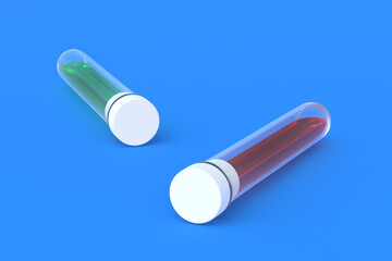 Test tubes with cap and liquid. Scientific experiments. Development of vaccines, drugs. Medical tests. Modern biotechnology. Biological weapons. Medical or science laboratory. 3d render