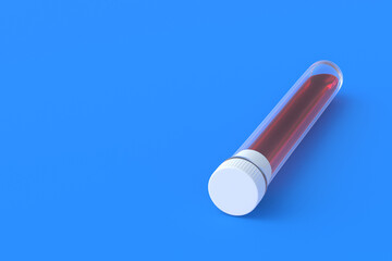 Test tube with cap and liquid. Scientific experiments. Development of vaccines, drugs. Medical tests. Modern biotechnology. Biological weapons. Medical or science laboratory. Copy space. 3d render