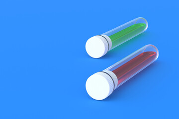 Test tubes with cap and liquid. Scientific experiments. Development of vaccines, drugs. Medical tests. Modern biotechnology. Biological weapons. Medical or science laboratory. Copy space. 3d render