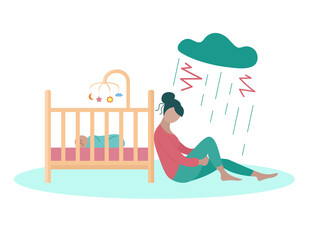 Postpartum depression. Depressed mother sitting near baby crib. Sad tired woman under cloud and rain. Vector flat illustration
