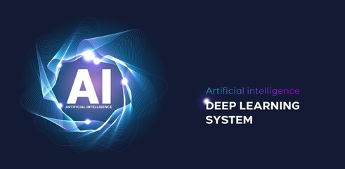 artificial Intelligence landing page. Website template for ai machine deep learning technology sci-fi concept. - obrazy, fototapety, plakaty
