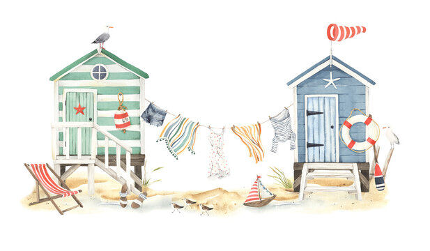 Summer banner with beach huts, birds seagulls, sandpipers and decorative design elements, watercolor illustrations, beach houses with symbols of hobbies and leisure on coast sea, ocean or lake.