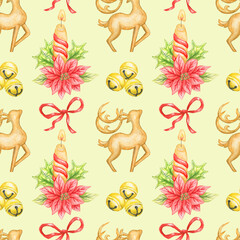 Watercolor seamless christmas pattern with candle,deer,bells and red ribbon isolated on yellow background.Perfect for gift wrapping paper,prints,packaging,holiday textile,fabrics.