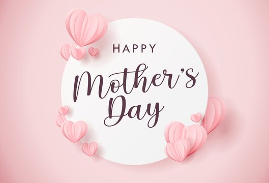 Mother postcard with paper flying elements on pink background. Happy Mother's Day greeting card design.
