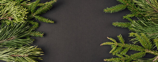 Banner made of Christmas tree branches on black background. New Year greeting card. Minimal style. Flat lay, top view, copy space.
