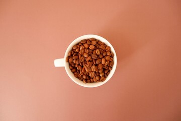 Coffee beans and cup and saucer on pink brown background. Cafe, restaurant design elements. 