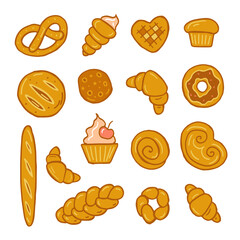 Set of pastries, bakery products hand drawing isolated on white background. Stock vector illustration. 