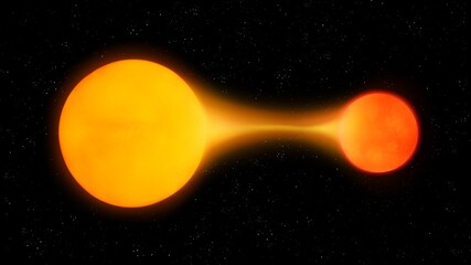 Two stars exchange matter. A giant star absorbs matter from another star. Accretion process in a binary system.  © Nazarii