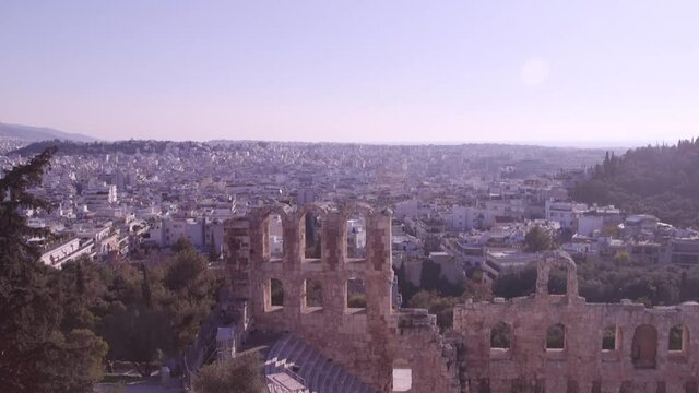 Ancient Greek theatre ruins overlooking Athens, Greece.