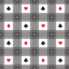 Cute Minimal Poker Solitaire Club Diamond Spade Heart Element Red White Black Checkered Gingham Pattern Editable Stroke. Cartoon Illustration, Mat, Fabric, Textile, Scarf, Wrapping Paper. 