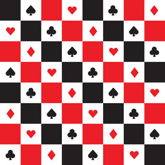 Cute Poker Solitaire Club Diamond Spade Heart Element Red White Black Check Checked Checkered Gingham Pattern Editable Stroke. Cartoon Illustration, Mat, Fabric, Textile, Scarf, Wrapping Paper. 