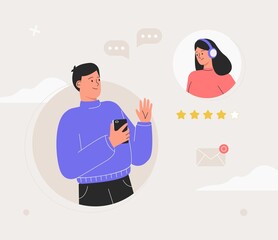  Customer support concept. Customer service, man chatting with hotline operator - positive feedback, five stars. Flat style vector illustration.