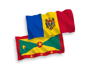 National vector fabric wave flags of Grenada and Moldova isolated on white background. 1 to 2 proportion.