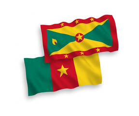 National vector fabric wave flags of Grenada and Cameroon isolated on white background. 1 to 2 proportion.