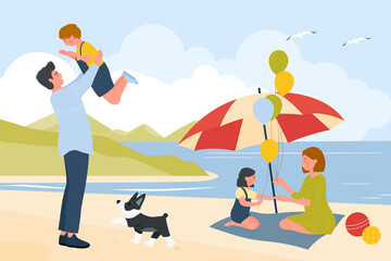 Happy family people in summer sand beach landscape vector illustration. Cartoon seaside leisure of mother, father and children with pet dog. Travel, family holiday vacation on sea coast concept