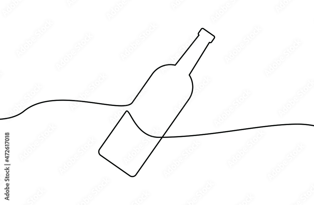Poster continuous line drawing of bottle. wine bottle linear icon. one line drawing background. vector illu