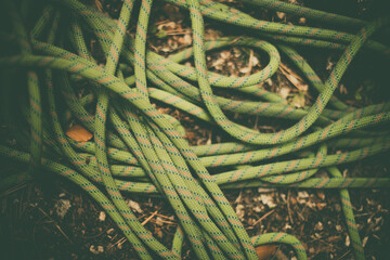 Pile of green rock climbing rope