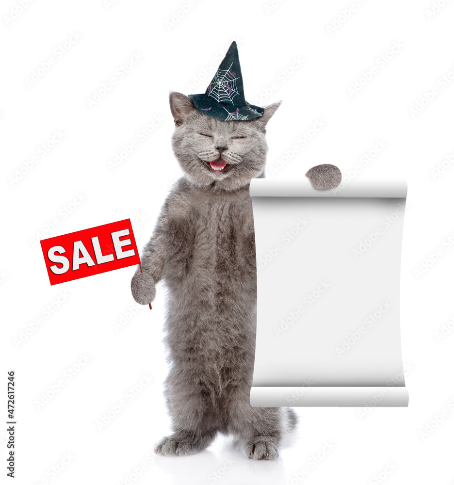 Poster happy cat wearing hat for halloween shows empty list and sales symbol. isolated on white background