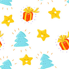 Seamless pattern of vector shapes. Simple forms. A lot of happy stars, red gift box, a Christmas tree shiny.