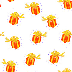 Seamless vector Gift pattern, red gift boxes with golden ribbon on white background