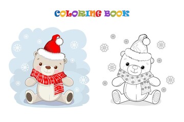 Cartoon Teddy bear in Santa hat and red scarf on a blue background with a snowflakes. Coloring page and colorful clipart. Cute design for t shirt print, icon, logo, label, patch or sticker.