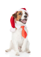 Jack russell terrier puppy wearing red christmas hat and suit with necktie looks up. isolated on white background