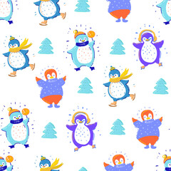 Seamless pattern with cute penguins in scarf listening music, skiing, holding candy, christmas tree, on a white background. Hand-drawn illustration. Vector.