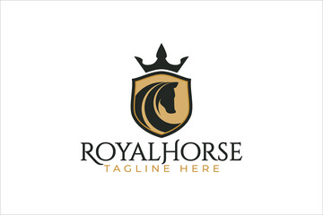 royal horse logo with a combination of a horse, crown, and shield for any business.