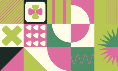 Obraz premium Geometric minimalistic pattern. Abstract design for advertising branding, web banner, business.Colorful Bauhaus pattern background. Vector illustration